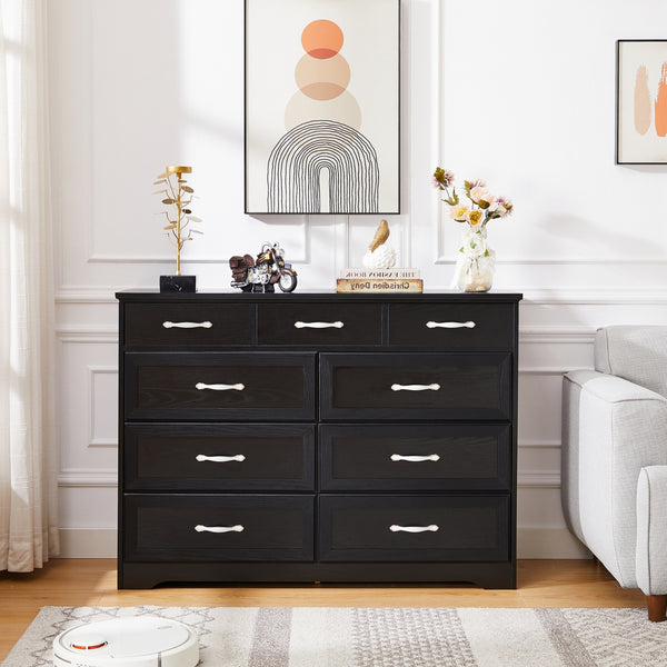 Bedroom Dresser, 9 Drawer Long Dresser With Antique Handles, Wood Chest Of Drawers For Kids Room, Li