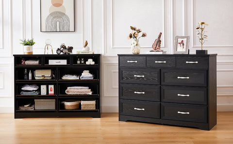 Bedroom Dresser, 9 Drawer Long Dresser With Antique Handles, Wood Chest Of Drawers For Kids Room, Li