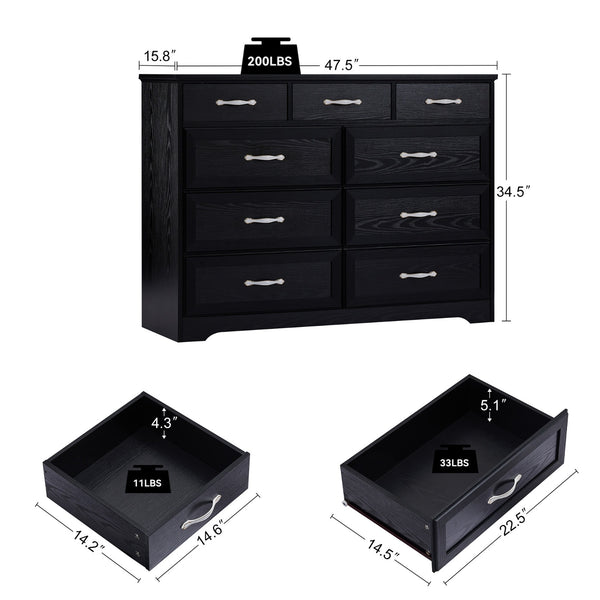Bedroom Dresser, 9 Drawer Long Dresser With Antique Handles, Wood Chest Of Drawers For Kids Room, Li