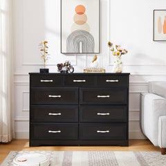 Bedroom Dresser, 9 Drawer Long Dresser With Antique Handles, Wood Chest Of Drawers For Kids Room, Li