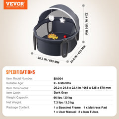 VEVOR Portable Baby Bassinet On-The-Go Folding Baby Dome With Canopy And Toys