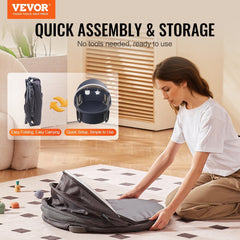 Woman assembling VEVOR portable baby bassinet on wooden floor with easy folding and quick setup features highlighted